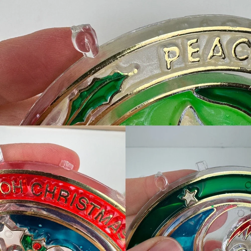 Vtg lot of 4 Round Plastic Christmas Suncatchers Candle‎ Tree Dove Peace Noel